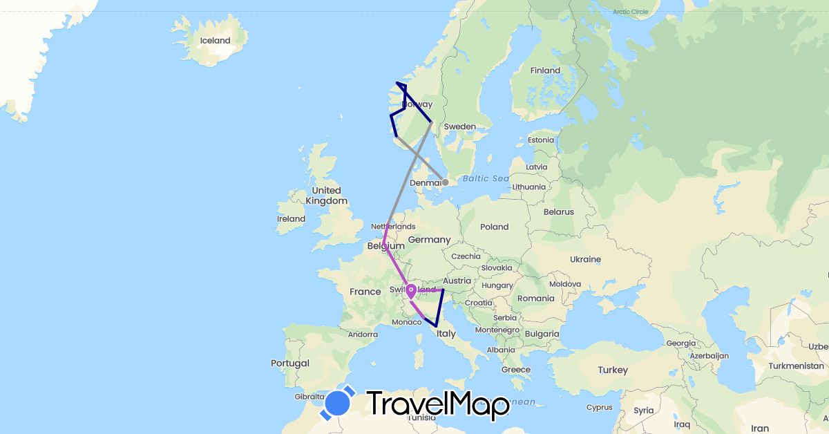 TravelMap itinerary: driving, plane, train in Belgium, Switzerland, Denmark, Italy, Netherlands, Norway (Europe)