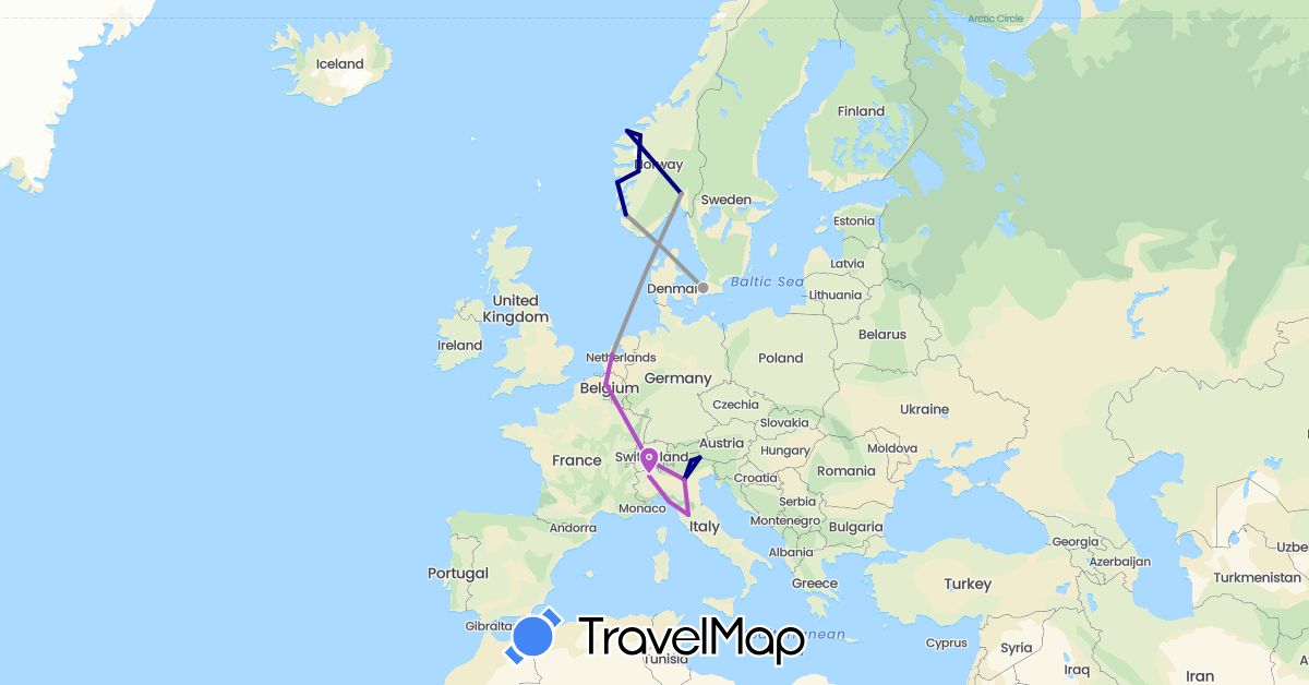 TravelMap itinerary: driving, plane, train in Belgium, Switzerland, Denmark, Italy, Netherlands, Norway (Europe)